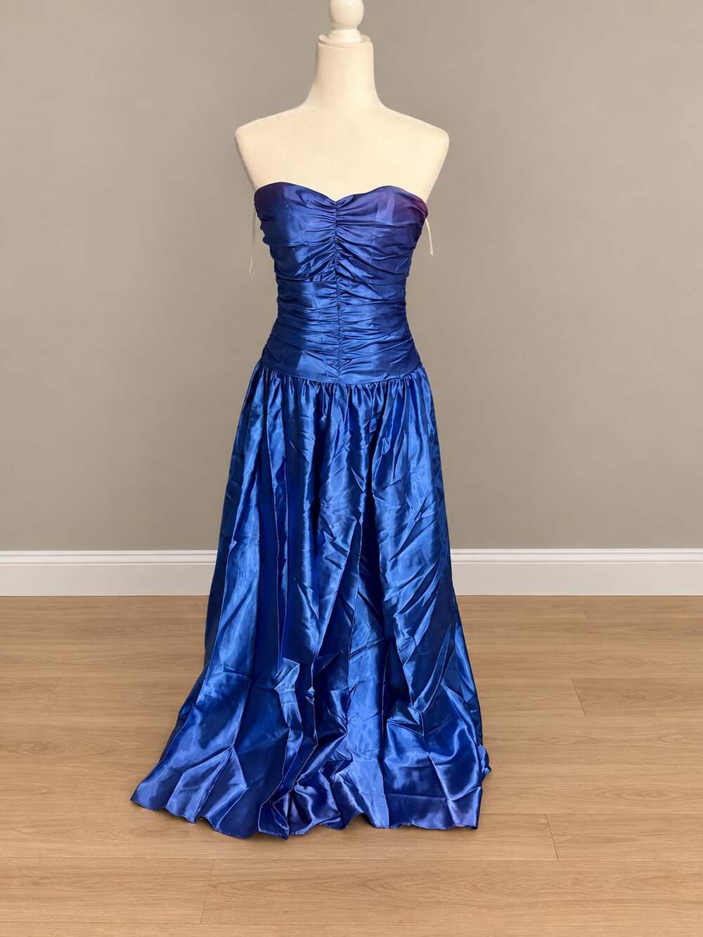 Vintage Blue Satin Strapless Ruched Gown Dress